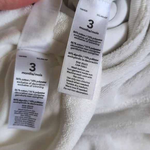 carter's white terry cloth snap kimono style jumpsuit & hat 3 months baby unisex - Picture 6 of 8